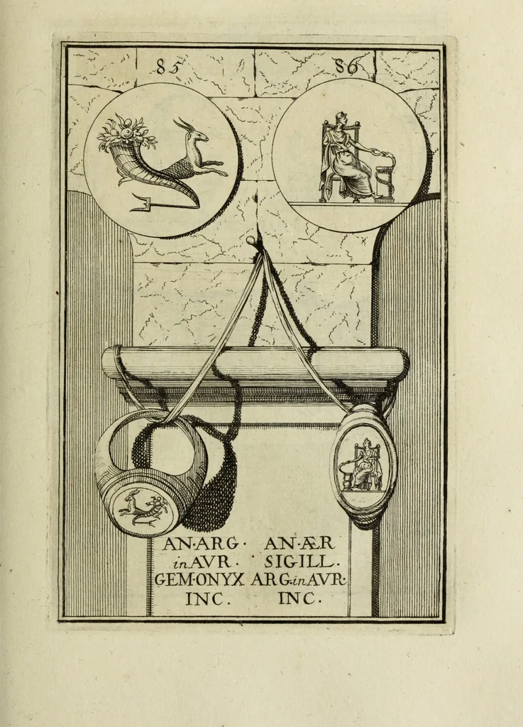 An illustration from Abrahami Gorlaei antverpiani Dactyliothecae, seu, Annulorum sigillarium quorum apud priscos tam Graecos quam Romanos usus, ex ferro, aere, argento & auro promptuarii pars prima[-secunda] : collectis aliunde & ineditis & editis annulorum figuris auctior, 1695, leaf 172