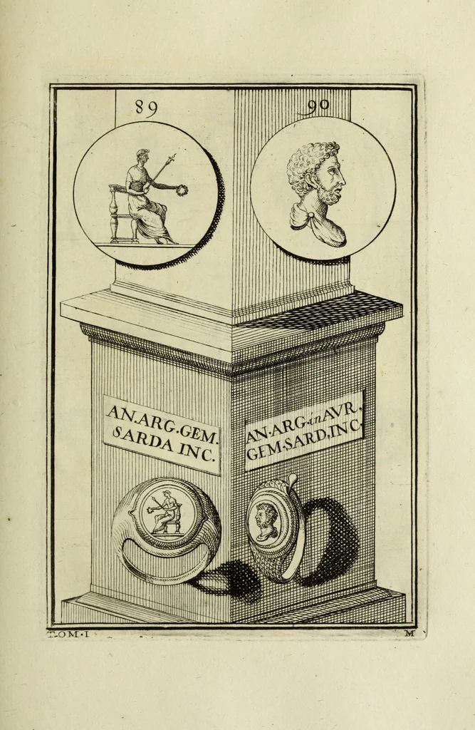 An illustration from Abrahami Gorlaei antverpiani Dactyliothecae, seu, Annulorum sigillarium quorum apud priscos tam Graecos quam Romanos usus, ex ferro, aere, argento & auro promptuarii pars prima[-secunda] : collectis aliunde & ineditis & editis annulorum figuris auctior, 1695, leaf 176