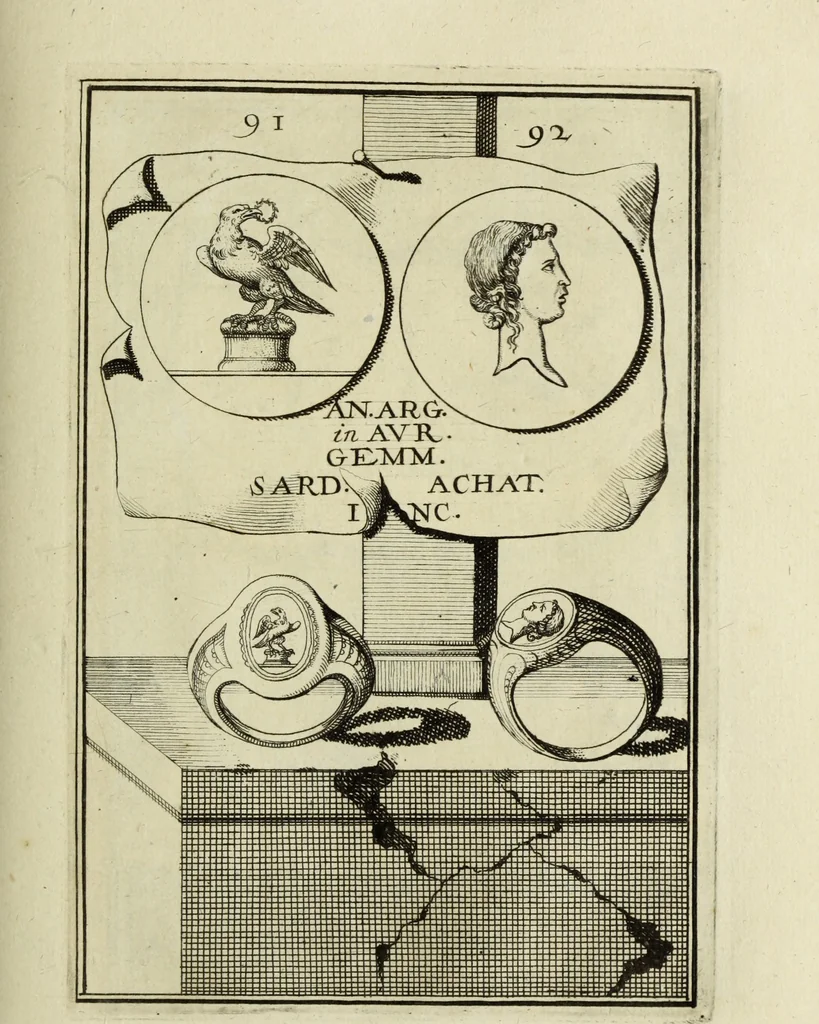 An illustration from Abrahami Gorlaei antverpiani Dactyliothecae, seu, Annulorum sigillarium quorum apud priscos tam Graecos quam Romanos usus, ex ferro, aere, argento & auro promptuarii pars prima[-secunda] : collectis aliunde & ineditis & editis annulorum figuris auctior, 1695, leaf 178