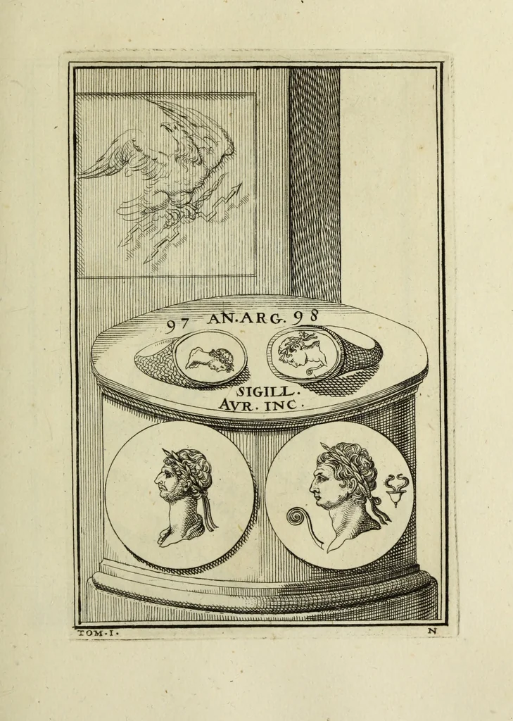 An illustration from Abrahami Gorlaei antverpiani Dactyliothecae, seu, Annulorum sigillarium quorum apud priscos tam Graecos quam Romanos usus, ex ferro, aere, argento & auro promptuarii pars prima[-secunda] : collectis aliunde & ineditis & editis annulorum figuris auctior, 1695, leaf 184