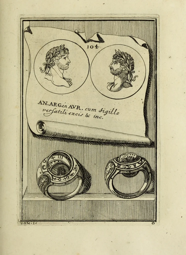 An illustration from Abrahami Gorlaei antverpiani Dactyliothecae, seu, Annulorum sigillarium quorum apud priscos tam Graecos quam Romanos usus, ex ferro, aere, argento & auro promptuarii pars prima[-secunda] : collectis aliunde & ineditis & editis annulorum figuris auctior, 1695, leaf 192