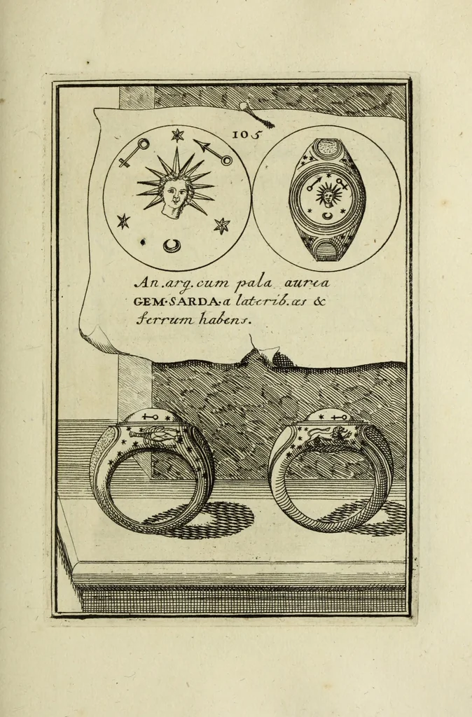 An illustration from Abrahami Gorlaei antverpiani Dactyliothecae, seu, Annulorum sigillarium quorum apud priscos tam Graecos quam Romanos usus, ex ferro, aere, argento & auro promptuarii pars prima[-secunda] : collectis aliunde & ineditis & editis annulorum figuris auctior, 1695, leaf 194