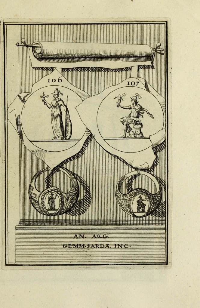 An illustration from Abrahami Gorlaei antverpiani Dactyliothecae, seu, Annulorum sigillarium quorum apud priscos tam Graecos quam Romanos usus, ex ferro, aere, argento & auro promptuarii pars prima[-secunda] : collectis aliunde & ineditis & editis annulorum figuris auctior, 1695, leaf 196