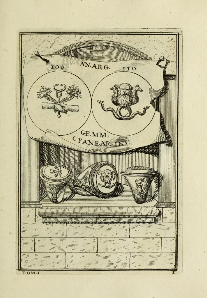 An illustration from Abrahami Gorlaei antverpiani Dactyliothecae, seu, Annulorum sigillarium quorum apud priscos tam Graecos quam Romanos usus, ex ferro, aere, argento & auro promptuarii pars prima[-secunda] : collectis aliunde & ineditis & editis annulorum figuris auctior, 1695, leaf 200