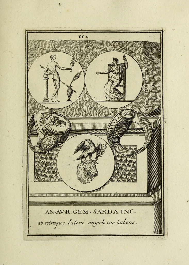 An illustration from Abrahami Gorlaei antverpiani Dactyliothecae, seu, Annulorum sigillarium quorum apud priscos tam Graecos quam Romanos usus, ex ferro, aere, argento & auro promptuarii pars prima[-secunda] : collectis aliunde & ineditis & editis annulorum figuris auctior, 1695, leaf 204