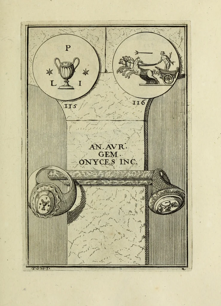 An illustration from Abrahami Gorlaei antverpiani Dactyliothecae, seu, Annulorum sigillarium quorum apud priscos tam Graecos quam Romanos usus, ex ferro, aere, argento & auro promptuarii pars prima[-secunda] : collectis aliunde & ineditis & editis annulorum figuris auctior, 1695, leaf 208