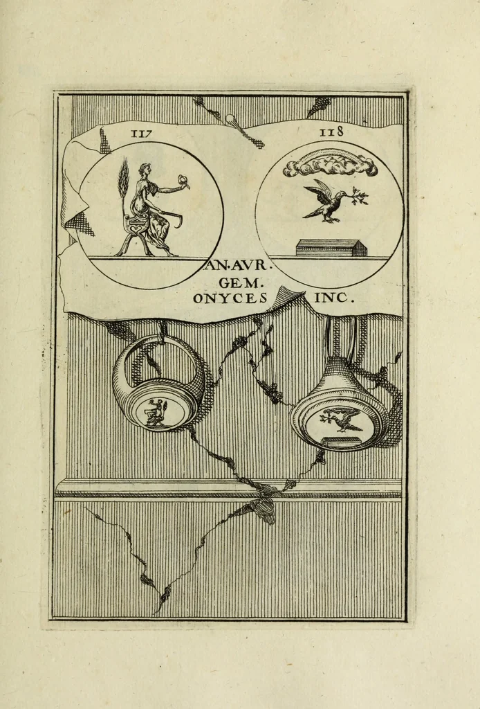 An illustration from Abrahami Gorlaei antverpiani Dactyliothecae, seu, Annulorum sigillarium quorum apud priscos tam Graecos quam Romanos usus, ex ferro, aere, argento & auro promptuarii pars prima[-secunda] : collectis aliunde & ineditis & editis annulorum figuris auctior, 1695, leaf 210