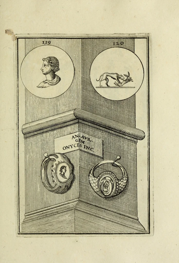 An illustration from Abrahami Gorlaei antverpiani Dactyliothecae, seu, Annulorum sigillarium quorum apud priscos tam Graecos quam Romanos usus, ex ferro, aere, argento & auro promptuarii pars prima[-secunda] : collectis aliunde & ineditis & editis annulorum figuris auctior, 1695, leaf 212
