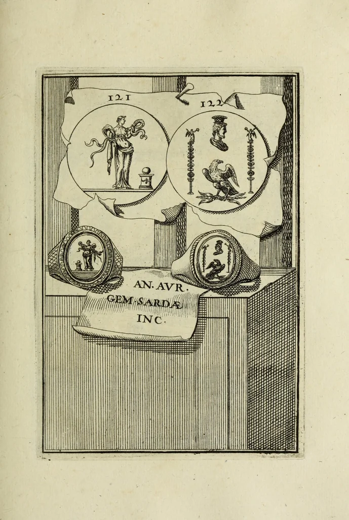An illustration from Abrahami Gorlaei antverpiani Dactyliothecae, seu, Annulorum sigillarium quorum apud priscos tam Graecos quam Romanos usus, ex ferro, aere, argento & auro promptuarii pars prima[-secunda] : collectis aliunde & ineditis & editis annulorum figuris auctior, 1695, leaf 214