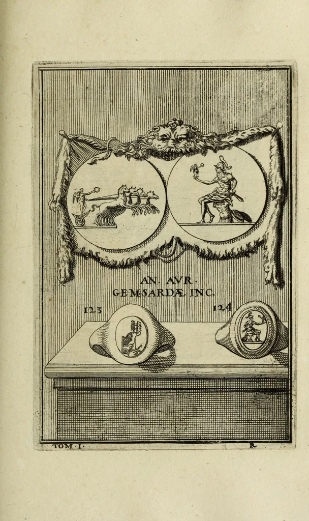 An illustration from Abrahami Gorlaei antverpiani Dactyliothecae, seu, Annulorum sigillarium quorum apud priscos tam Graecos quam Romanos usus, ex ferro, aere, argento & auro promptuarii pars prima[-secunda] : collectis aliunde & ineditis & editis annulorum figuris auctior, 1695, leaf 216
