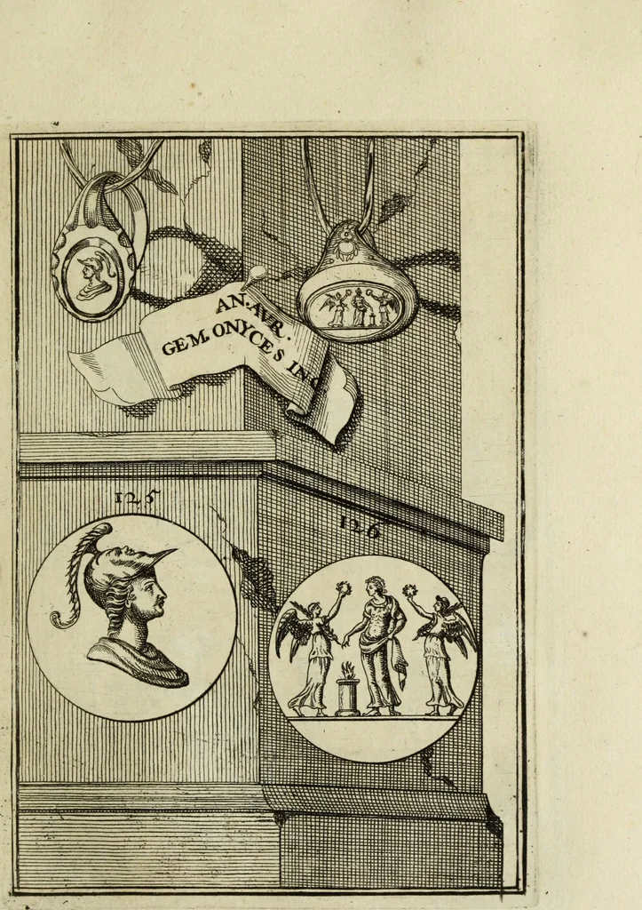 An illustration from Abrahami Gorlaei antverpiani Dactyliothecae, seu, Annulorum sigillarium quorum apud priscos tam Graecos quam Romanos usus, ex ferro, aere, argento & auro promptuarii pars prima[-secunda] : collectis aliunde & ineditis & editis annulorum figuris auctior, 1695, leaf 218