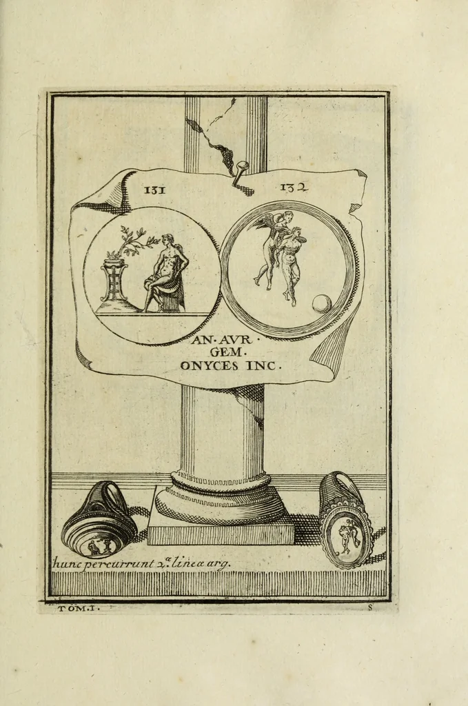 An illustration from Abrahami Gorlaei antverpiani Dactyliothecae, seu, Annulorum sigillarium quorum apud priscos tam Graecos quam Romanos usus, ex ferro, aere, argento & auro promptuarii pars prima[-secunda] : collectis aliunde & ineditis & editis annulorum figuris auctior, 1695, leaf 224