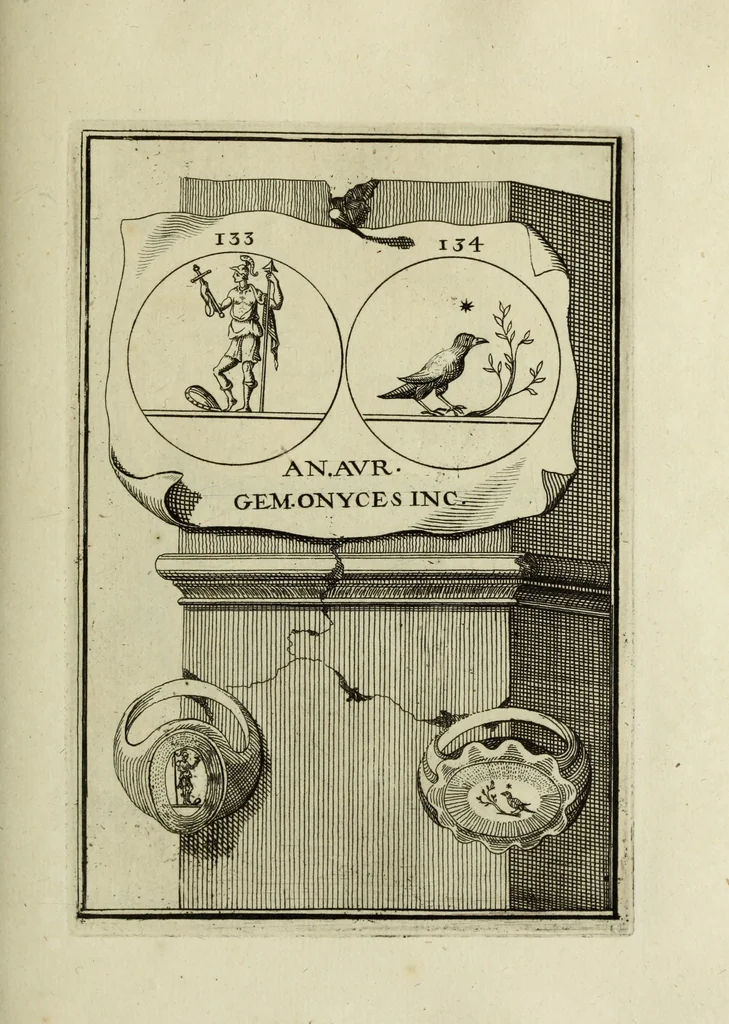 An illustration from Abrahami Gorlaei antverpiani Dactyliothecae, seu, Annulorum sigillarium quorum apud priscos tam Graecos quam Romanos usus, ex ferro, aere, argento & auro promptuarii pars prima[-secunda] : collectis aliunde & ineditis & editis annulorum figuris auctior, 1695, leaf 226