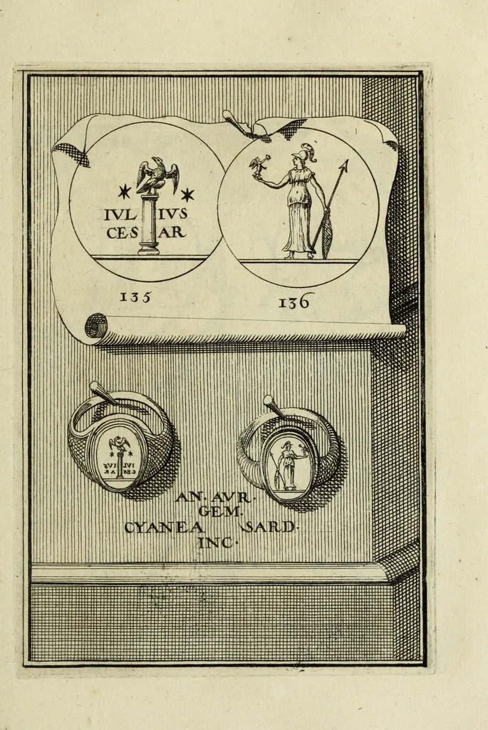 An illustration from Abrahami Gorlaei antverpiani Dactyliothecae, seu, Annulorum sigillarium quorum apud priscos tam Graecos quam Romanos usus, ex ferro, aere, argento & auro promptuarii pars prima[-secunda] : collectis aliunde & ineditis & editis annulorum figuris auctior, 1695, leaf 228