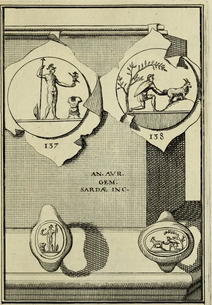 An illustration from Abrahami Gorlaei antverpiani Dactyliothecae, seu, Annulorum sigillarium quorum apud priscos tam Graecos quam Romanos usus, ex ferro, aere, argento & auro promptuarii pars prima[-secunda] : collectis aliunde & ineditis & editis annulorum figuris auctior, 1695, leaf 230