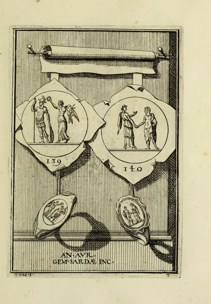 An illustration from Abrahami Gorlaei antverpiani Dactyliothecae, seu, Annulorum sigillarium quorum apud priscos tam Graecos quam Romanos usus, ex ferro, aere, argento & auro promptuarii pars prima[-secunda] : collectis aliunde & ineditis & editis annulorum figuris auctior, 1695, leaf 232