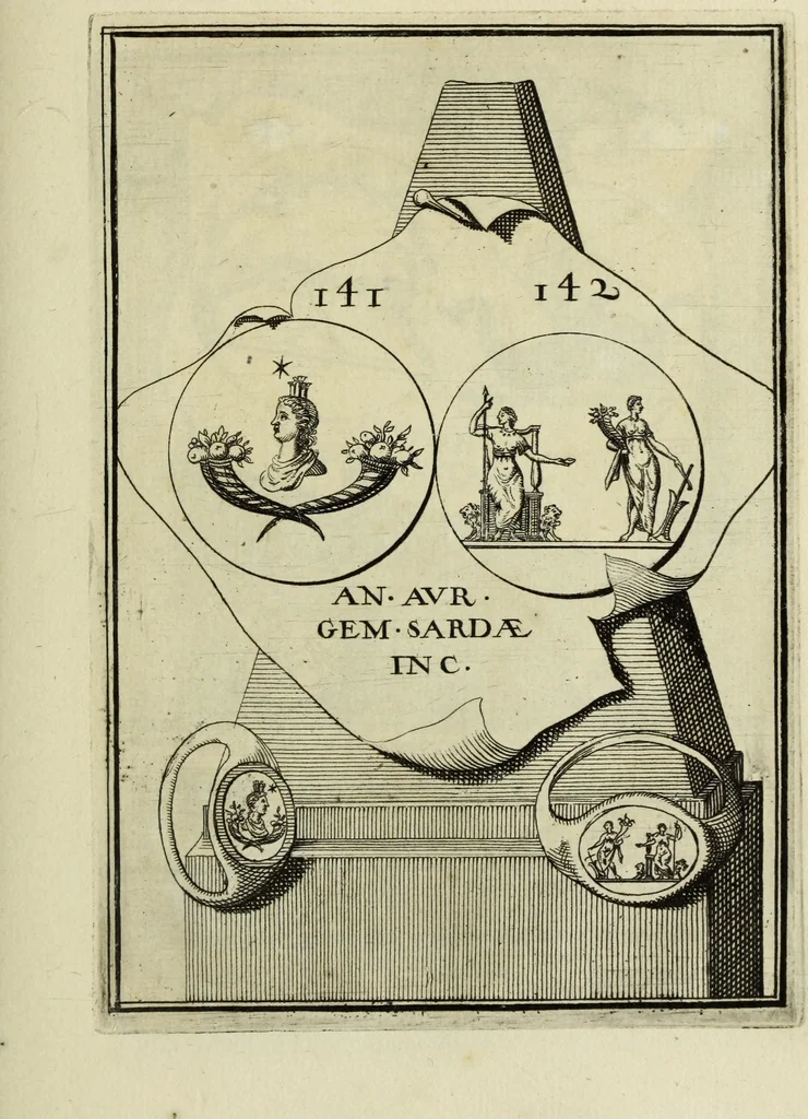 An illustration from Abrahami Gorlaei antverpiani Dactyliothecae, seu, Annulorum sigillarium quorum apud priscos tam Graecos quam Romanos usus, ex ferro, aere, argento & auro promptuarii pars prima[-secunda] : collectis aliunde & ineditis & editis annulorum figuris auctior, 1695, leaf 234