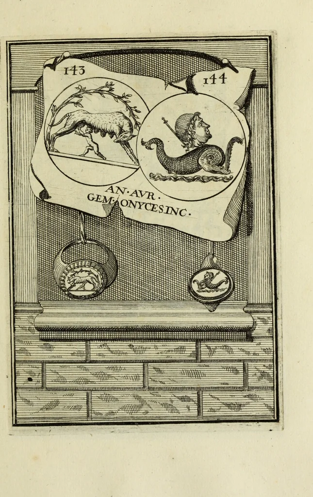 An illustration from Abrahami Gorlaei antverpiani Dactyliothecae, seu, Annulorum sigillarium quorum apud priscos tam Graecos quam Romanos usus, ex ferro, aere, argento & auro promptuarii pars prima[-secunda] : collectis aliunde & ineditis & editis annulorum figuris auctior, 1695, leaf 236
