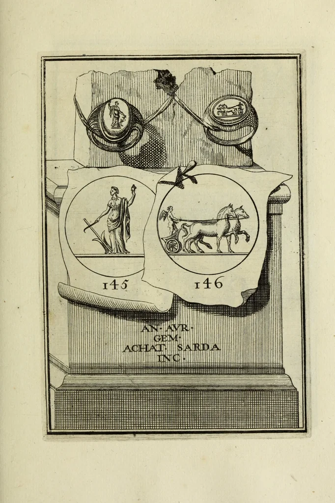 An illustration from Abrahami Gorlaei antverpiani Dactyliothecae, seu, Annulorum sigillarium quorum apud priscos tam Graecos quam Romanos usus, ex ferro, aere, argento & auro promptuarii pars prima[-secunda] : collectis aliunde & ineditis & editis annulorum figuris auctior, 1695, leaf 238