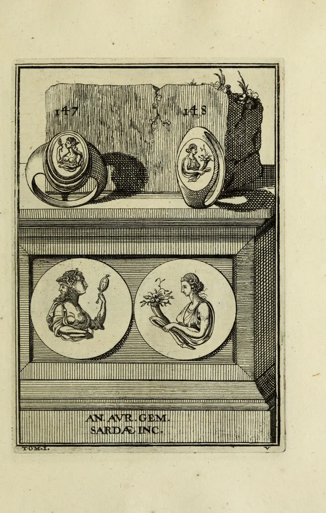 An illustration from Abrahami Gorlaei antverpiani Dactyliothecae, seu, Annulorum sigillarium quorum apud priscos tam Graecos quam Romanos usus, ex ferro, aere, argento & auro promptuarii pars prima[-secunda] : collectis aliunde & ineditis & editis annulorum figuris auctior, 1695, leaf 240