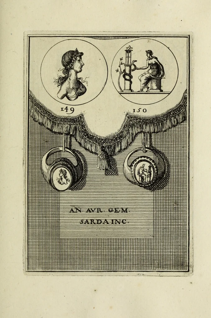 An illustration from Abrahami Gorlaei antverpiani Dactyliothecae, seu, Annulorum sigillarium quorum apud priscos tam Graecos quam Romanos usus, ex ferro, aere, argento & auro promptuarii pars prima[-secunda] : collectis aliunde & ineditis & editis annulorum figuris auctior, 1695, leaf 242