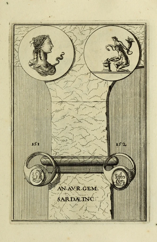 An illustration from Abrahami Gorlaei antverpiani Dactyliothecae, seu, Annulorum sigillarium quorum apud priscos tam Graecos quam Romanos usus, ex ferro, aere, argento & auro promptuarii pars prima[-secunda] : collectis aliunde & ineditis & editis annulorum figuris auctior, 1695, leaf 244
