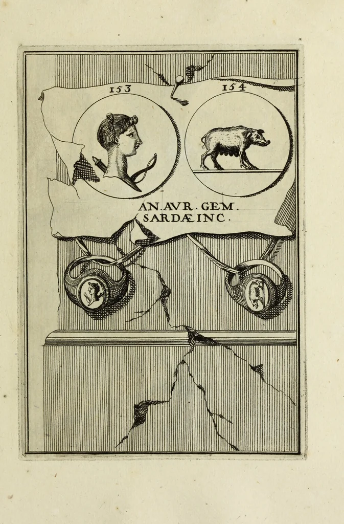 An illustration from Abrahami Gorlaei antverpiani Dactyliothecae, seu, Annulorum sigillarium quorum apud priscos tam Graecos quam Romanos usus, ex ferro, aere, argento & auro promptuarii pars prima[-secunda] : collectis aliunde & ineditis & editis annulorum figuris auctior, 1695, leaf 246