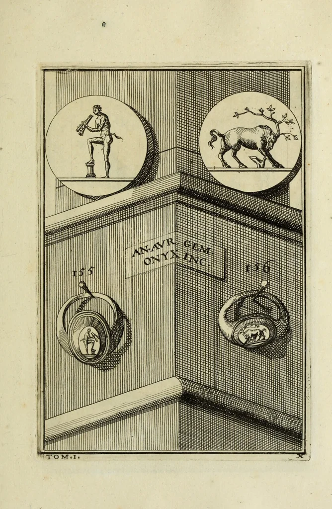 An illustration from Abrahami Gorlaei antverpiani Dactyliothecae, seu, Annulorum sigillarium quorum apud priscos tam Graecos quam Romanos usus, ex ferro, aere, argento & auro promptuarii pars prima[-secunda] : collectis aliunde & ineditis & editis annulorum figuris auctior, 1695, leaf 248