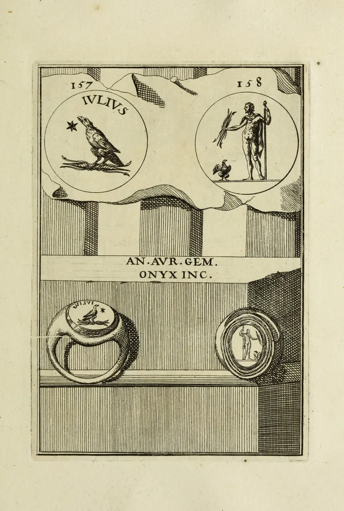 An illustration from Abrahami Gorlaei antverpiani Dactyliothecae, seu, Annulorum sigillarium quorum apud priscos tam Graecos quam Romanos usus, ex ferro, aere, argento & auro promptuarii pars prima[-secunda] : collectis aliunde & ineditis & editis annulorum figuris auctior, 1695, leaf 250