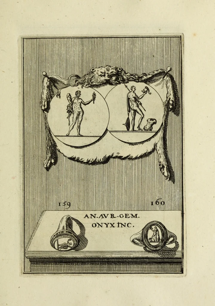 An illustration from Abrahami Gorlaei antverpiani Dactyliothecae, seu, Annulorum sigillarium quorum apud priscos tam Graecos quam Romanos usus, ex ferro, aere, argento & auro promptuarii pars prima[-secunda] : collectis aliunde & ineditis & editis annulorum figuris auctior, 1695, leaf 252