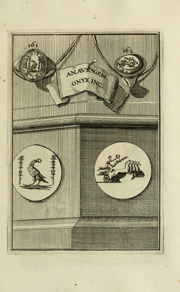 An illustration from Abrahami Gorlaei antverpiani Dactyliothecae, seu, Annulorum sigillarium quorum apud priscos tam Graecos quam Romanos usus, ex ferro, aere, argento & auro promptuarii pars prima[-secunda] : collectis aliunde & ineditis & editis annulorum figuris auctior, 1695, leaf 254