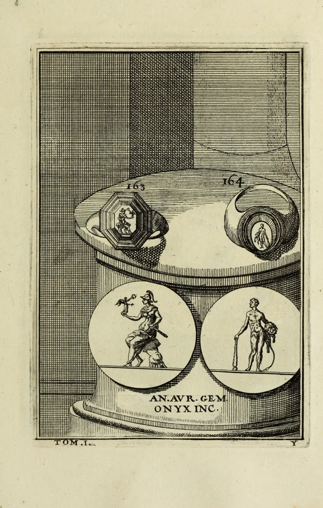 An illustration from Abrahami Gorlaei antverpiani Dactyliothecae, seu, Annulorum sigillarium quorum apud priscos tam Graecos quam Romanos usus, ex ferro, aere, argento & auro promptuarii pars prima[-secunda] : collectis aliunde & ineditis & editis annulorum figuris auctior, 1695, leaf 256