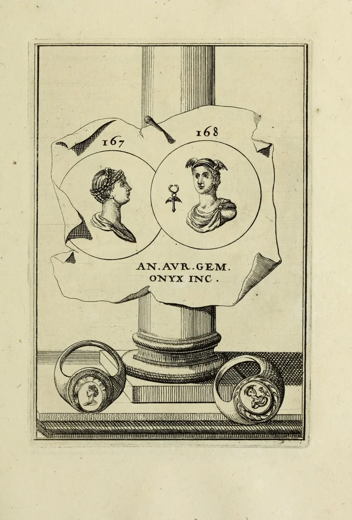 An illustration from Abrahami Gorlaei antverpiani Dactyliothecae, seu, Annulorum sigillarium quorum apud priscos tam Graecos quam Romanos usus, ex ferro, aere, argento & auro promptuarii pars prima[-secunda] : collectis aliunde & ineditis & editis annulorum figuris auctior, 1695, leaf 260