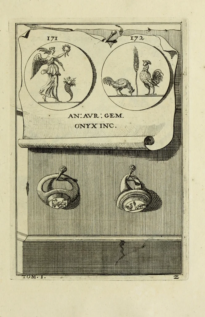 An illustration from Abrahami Gorlaei antverpiani Dactyliothecae, seu, Annulorum sigillarium quorum apud priscos tam Graecos quam Romanos usus, ex ferro, aere, argento & auro promptuarii pars prima[-secunda] : collectis aliunde & ineditis & editis annulorum figuris auctior, 1695, leaf 264