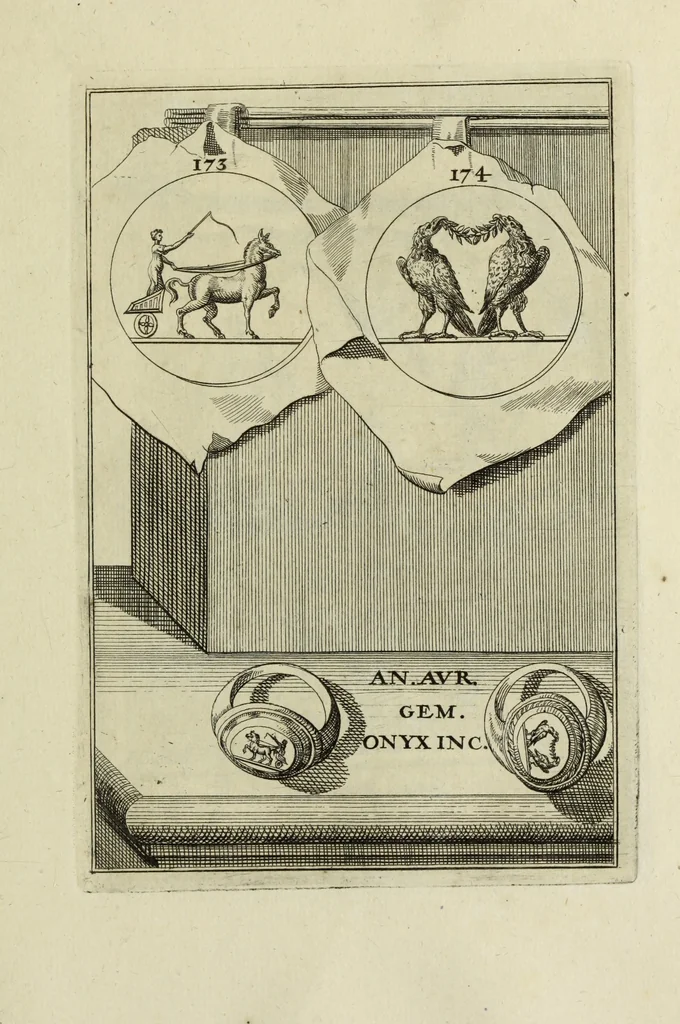 An illustration from Abrahami Gorlaei antverpiani Dactyliothecae, seu, Annulorum sigillarium quorum apud priscos tam Graecos quam Romanos usus, ex ferro, aere, argento & auro promptuarii pars prima[-secunda] : collectis aliunde & ineditis & editis annulorum figuris auctior, 1695, leaf 266