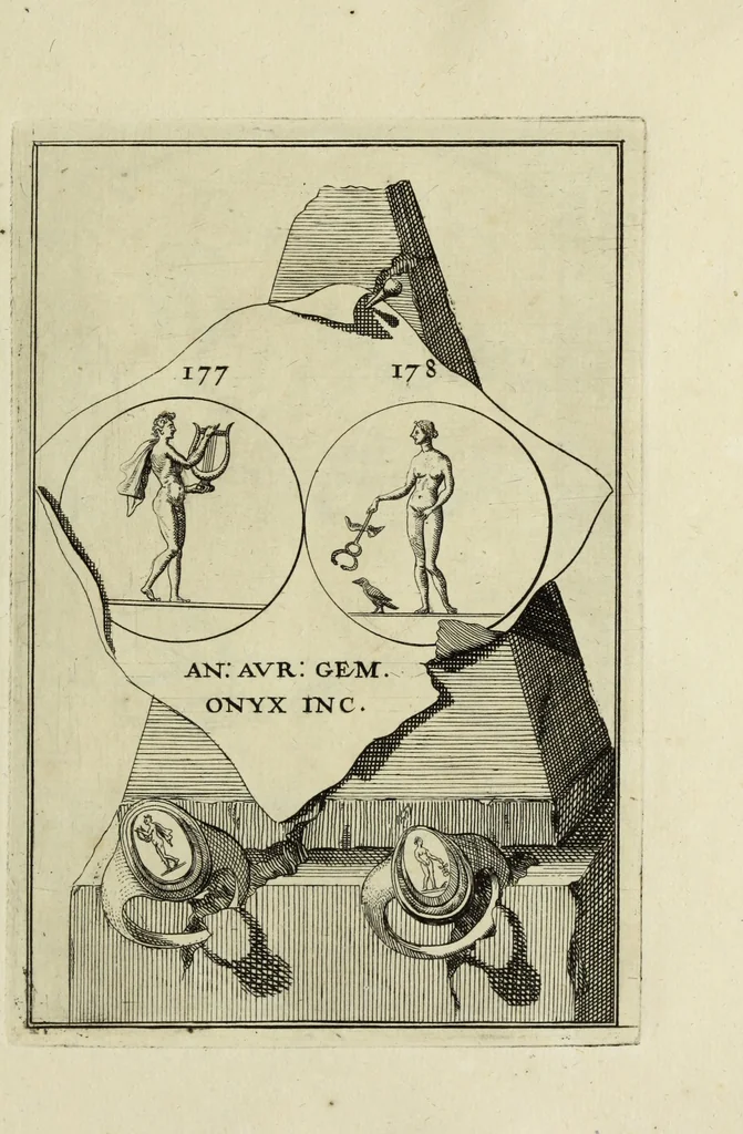 An illustration from Abrahami Gorlaei antverpiani Dactyliothecae, seu, Annulorum sigillarium quorum apud priscos tam Graecos quam Romanos usus, ex ferro, aere, argento & auro promptuarii pars prima[-secunda] : collectis aliunde & ineditis & editis annulorum figuris auctior, 1695, leaf 270