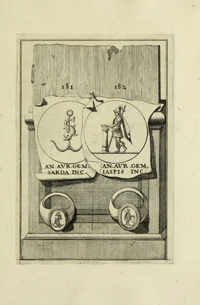 An illustration from Abrahami Gorlaei antverpiani Dactyliothecae, seu, Annulorum sigillarium quorum apud priscos tam Graecos quam Romanos usus, ex ferro, aere, argento & auro promptuarii pars prima[-secunda] : collectis aliunde & ineditis & editis annulorum figuris auctior, 1695, leaf 274