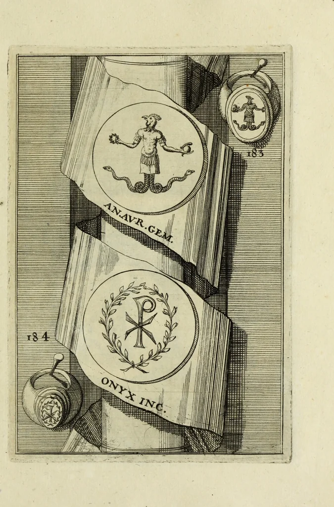 An illustration from Abrahami Gorlaei antverpiani Dactyliothecae, seu, Annulorum sigillarium quorum apud priscos tam Graecos quam Romanos usus, ex ferro, aere, argento & auro promptuarii pars prima[-secunda] : collectis aliunde & ineditis & editis annulorum figuris auctior, 1695, leaf 276