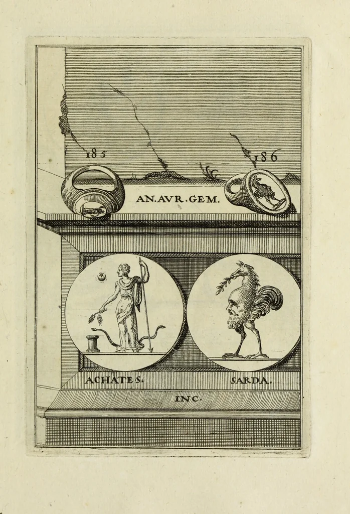 An illustration from Abrahami Gorlaei antverpiani Dactyliothecae, seu, Annulorum sigillarium quorum apud priscos tam Graecos quam Romanos usus, ex ferro, aere, argento & auro promptuarii pars prima[-secunda] : collectis aliunde & ineditis & editis annulorum figuris auctior, 1695, leaf 278