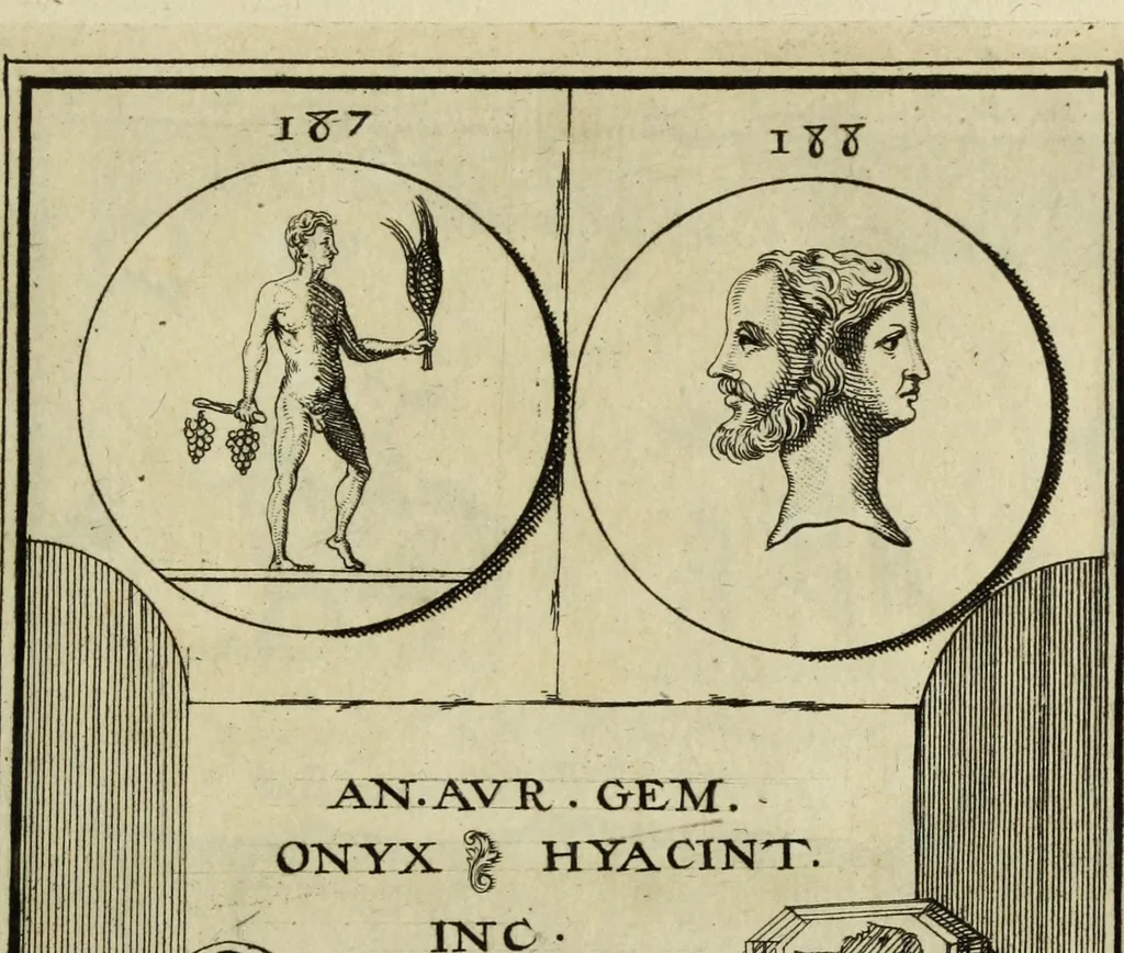 An illustration from Abrahami Gorlaei antverpiani Dactyliothecae, seu, Annulorum sigillarium quorum apud priscos tam Graecos quam Romanos usus, ex ferro, aere, argento & auro promptuarii pars prima[-secunda] : collectis aliunde & ineditis & editis annulorum figuris auctior, 1695, leaf 280