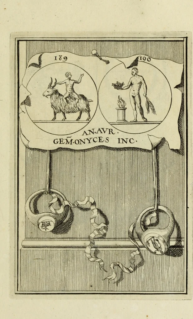 An illustration from Abrahami Gorlaei antverpiani Dactyliothecae, seu, Annulorum sigillarium quorum apud priscos tam Graecos quam Romanos usus, ex ferro, aere, argento & auro promptuarii pars prima[-secunda] : collectis aliunde & ineditis & editis annulorum figuris auctior, 1695, leaf 282