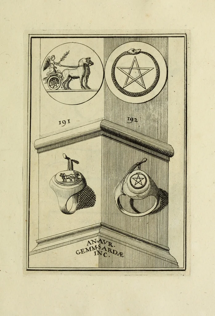 An illustration from Abrahami Gorlaei antverpiani Dactyliothecae, seu, Annulorum sigillarium quorum apud priscos tam Graecos quam Romanos usus, ex ferro, aere, argento & auro promptuarii pars prima[-secunda] : collectis aliunde & ineditis & editis annulorum figuris auctior, 1695, leaf 284