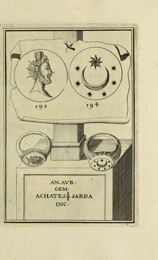 An illustration from Abrahami Gorlaei antverpiani Dactyliothecae, seu, Annulorum sigillarium quorum apud priscos tam Graecos quam Romanos usus, ex ferro, aere, argento & auro promptuarii pars prima[-secunda] : collectis aliunde & ineditis & editis annulorum figuris auctior, 1695, leaf 286