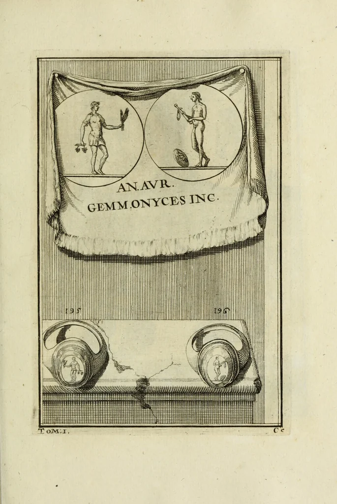 An illustration from Abrahami Gorlaei antverpiani Dactyliothecae, seu, Annulorum sigillarium quorum apud priscos tam Graecos quam Romanos usus, ex ferro, aere, argento & auro promptuarii pars prima[-secunda] : collectis aliunde & ineditis & editis annulorum figuris auctior, 1695, leaf 288
