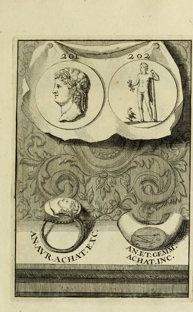 An illustration from Abrahami Gorlaei antverpiani Dactyliothecae, seu, Annulorum sigillarium quorum apud priscos tam Graecos quam Romanos usus, ex ferro, aere, argento & auro promptuarii pars prima[-secunda] : collectis aliunde & ineditis & editis annulorum figuris auctior, 1695, leaf 294