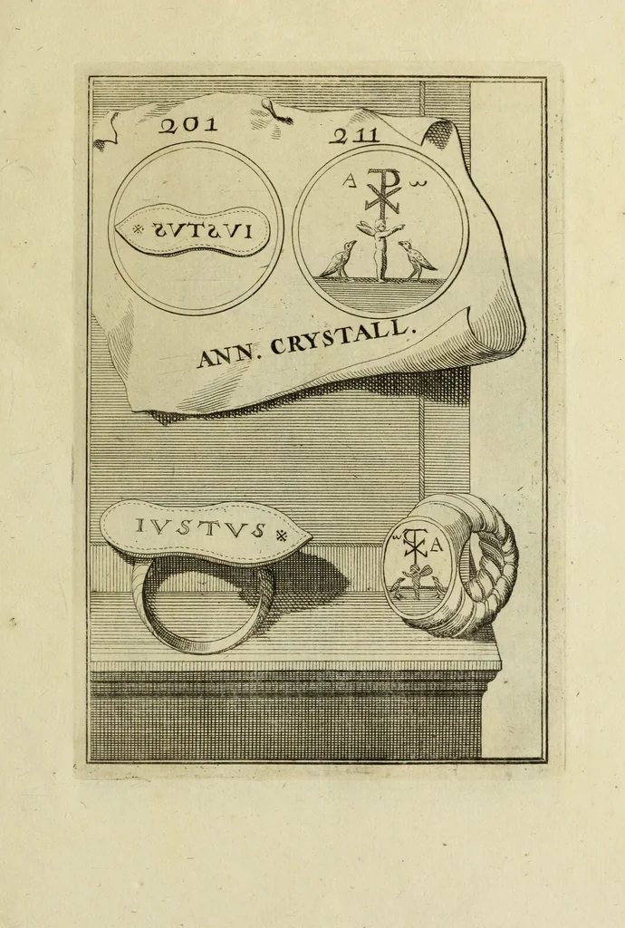 An illustration from Abrahami Gorlaei antverpiani Dactyliothecae, seu, Annulorum sigillarium quorum apud priscos tam Graecos quam Romanos usus, ex ferro, aere, argento & auro promptuarii pars prima[-secunda] : collectis aliunde & ineditis & editis annulorum figuris auctior, 1695, leaf 300