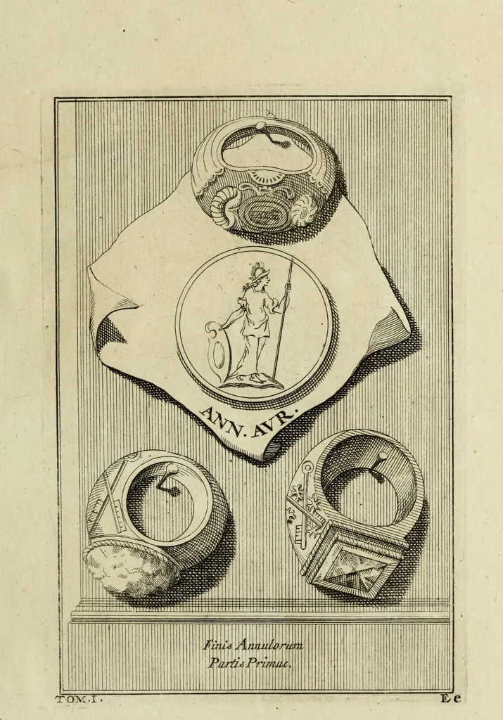 An illustration from Abrahami Gorlaei antverpiani Dactyliothecae, seu, Annulorum sigillarium quorum apud priscos tam Graecos quam Romanos usus, ex ferro, aere, argento & auro promptuarii pars prima[-secunda] : collectis aliunde & ineditis & editis annulorum figuris auctior, 1695, leaf 304