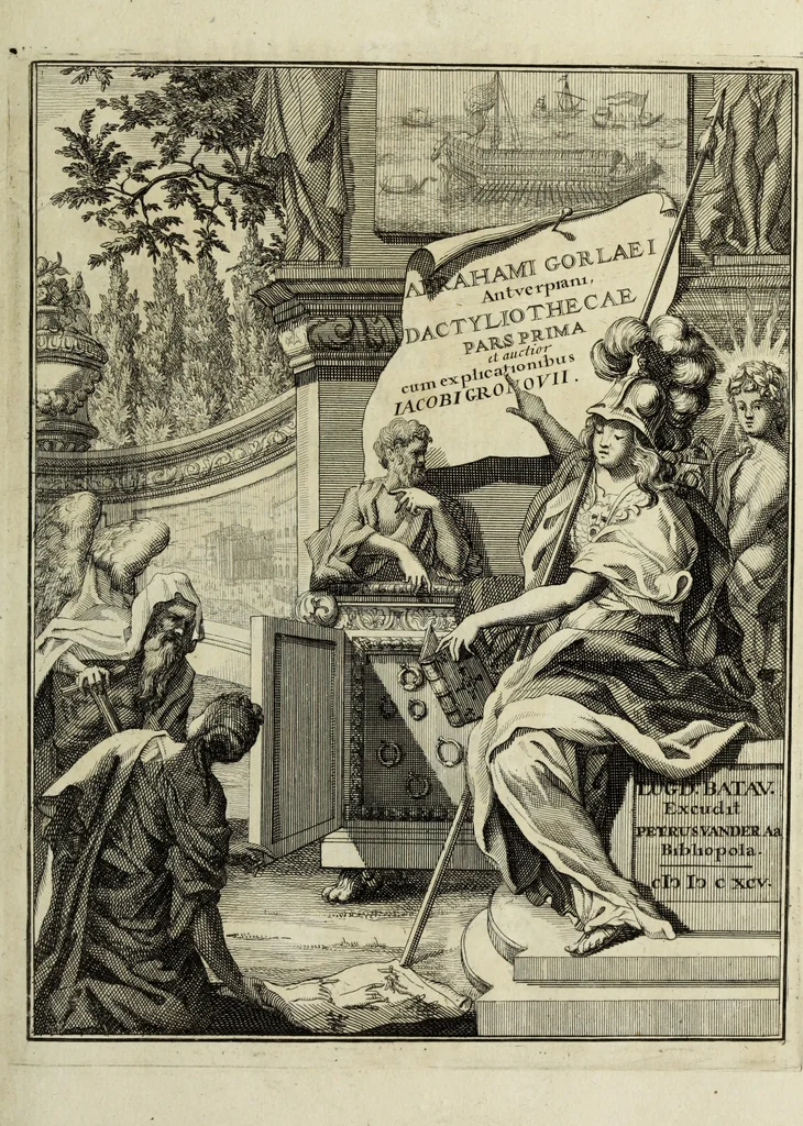 An illustration from Abrahami Gorlaei antverpiani Dactyliothecae, seu, Annulorum sigillarium quorum apud priscos tam Graecos quam Romanos usus, ex ferro, aere, argento & auro promptuarii pars prima[-secunda] : collectis aliunde & ineditis & editis annulorum figuris auctior, 1695, leaf 8