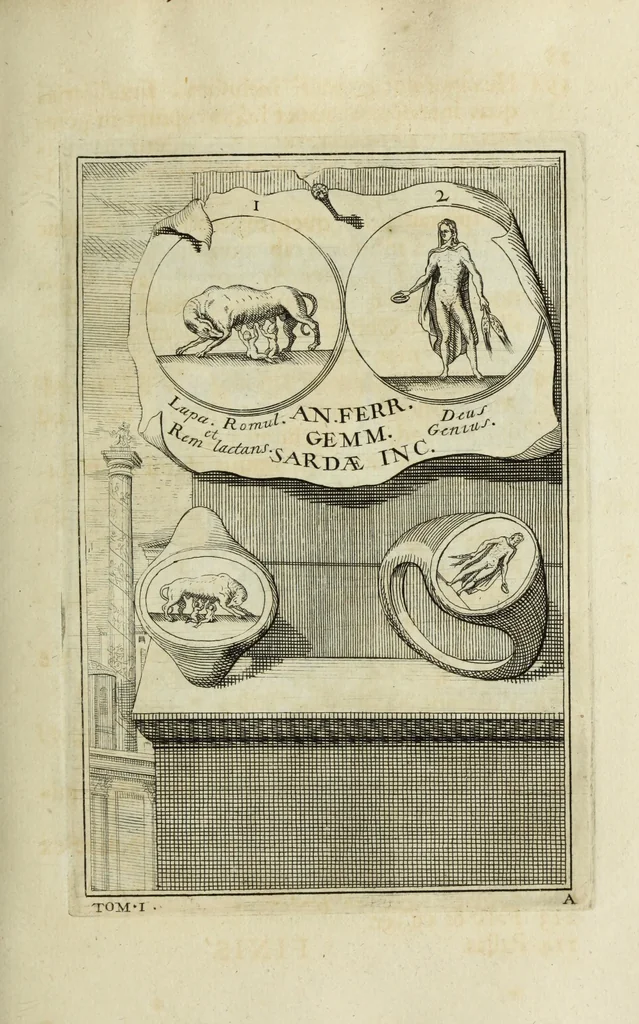 An illustration from Abrahami Gorlaei antverpiani Dactyliothecae, seu, Annulorum sigillarium quorum apud priscos tam Graecos quam Romanos usus, ex ferro, aere, argento & auro promptuarii pars prima[-secunda] : collectis aliunde & ineditis & editis annulorum figuris auctior, 1695, leaf 88