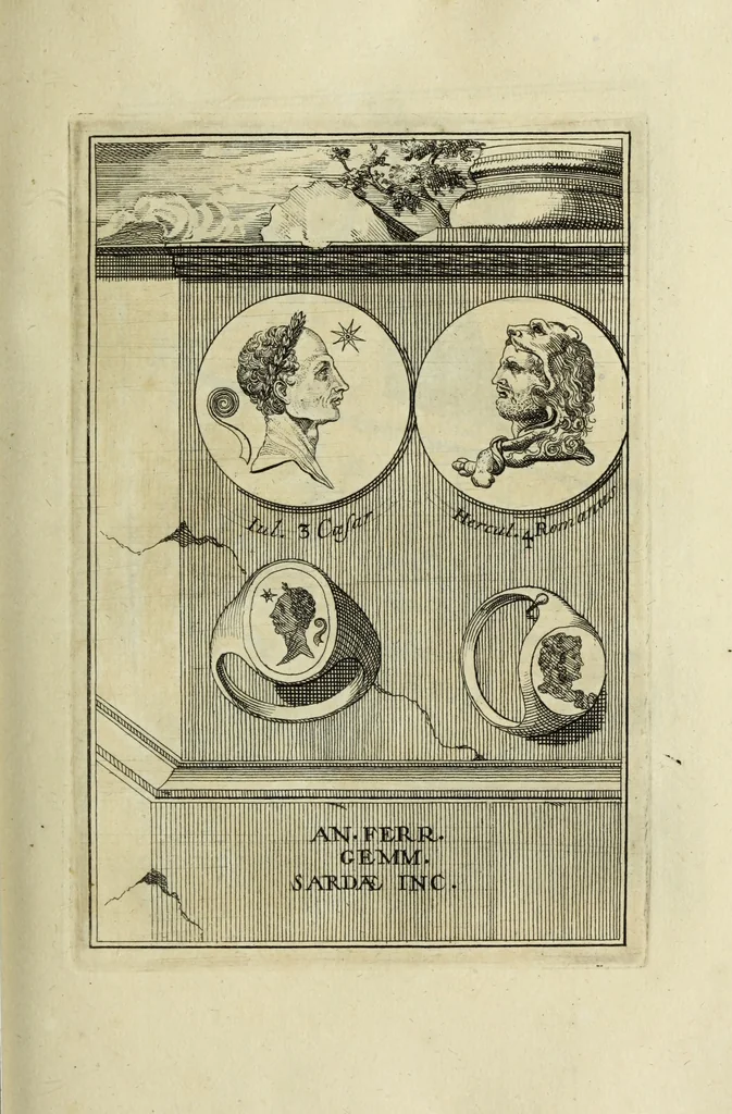 An illustration from Abrahami Gorlaei antverpiani Dactyliothecae, seu, Annulorum sigillarium quorum apud priscos tam Graecos quam Romanos usus, ex ferro, aere, argento & auro promptuarii pars prima[-secunda] : collectis aliunde & ineditis & editis annulorum figuris auctior, 1695, leaf 90